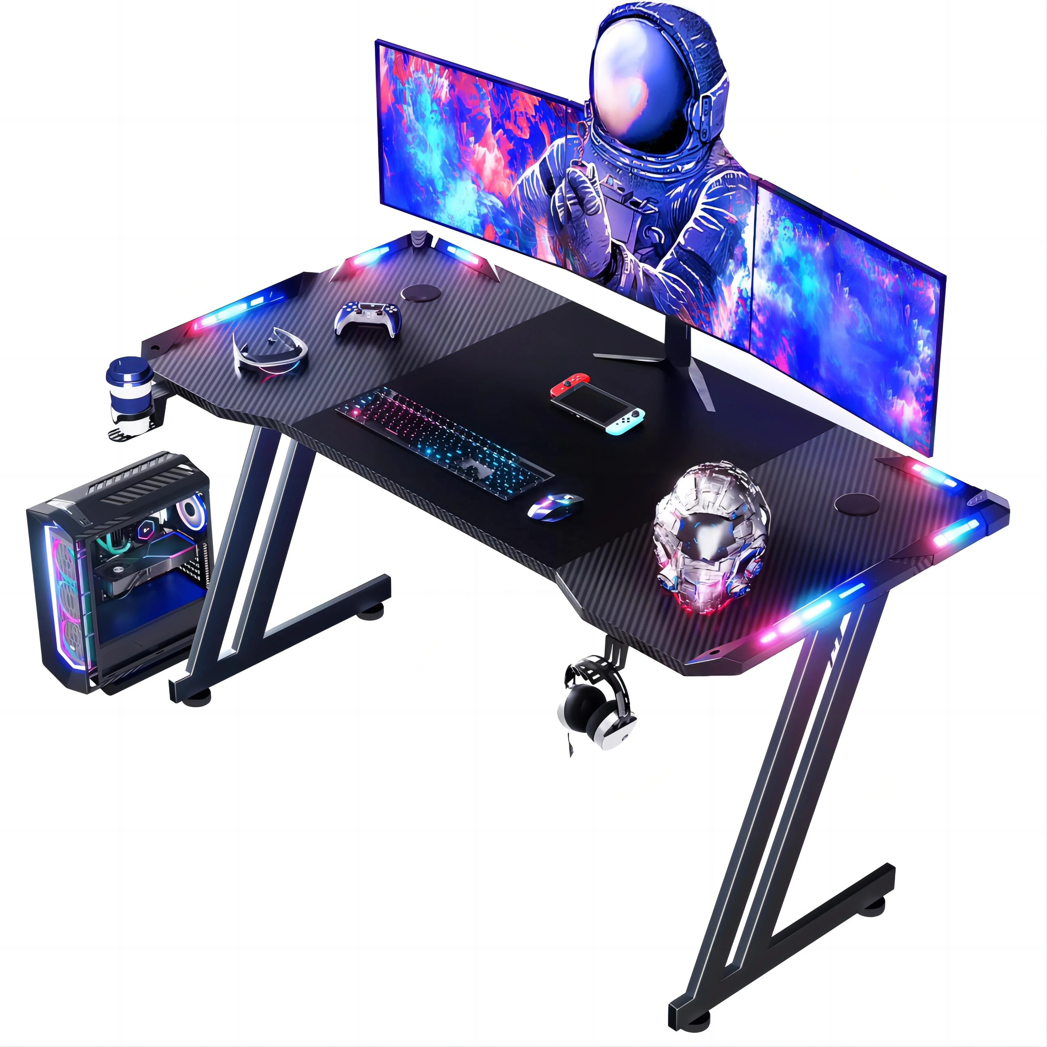 Ergonomic Large black rgb Cup Holder racing home office Workstation gaming computer tables desk for pc with LED Lights