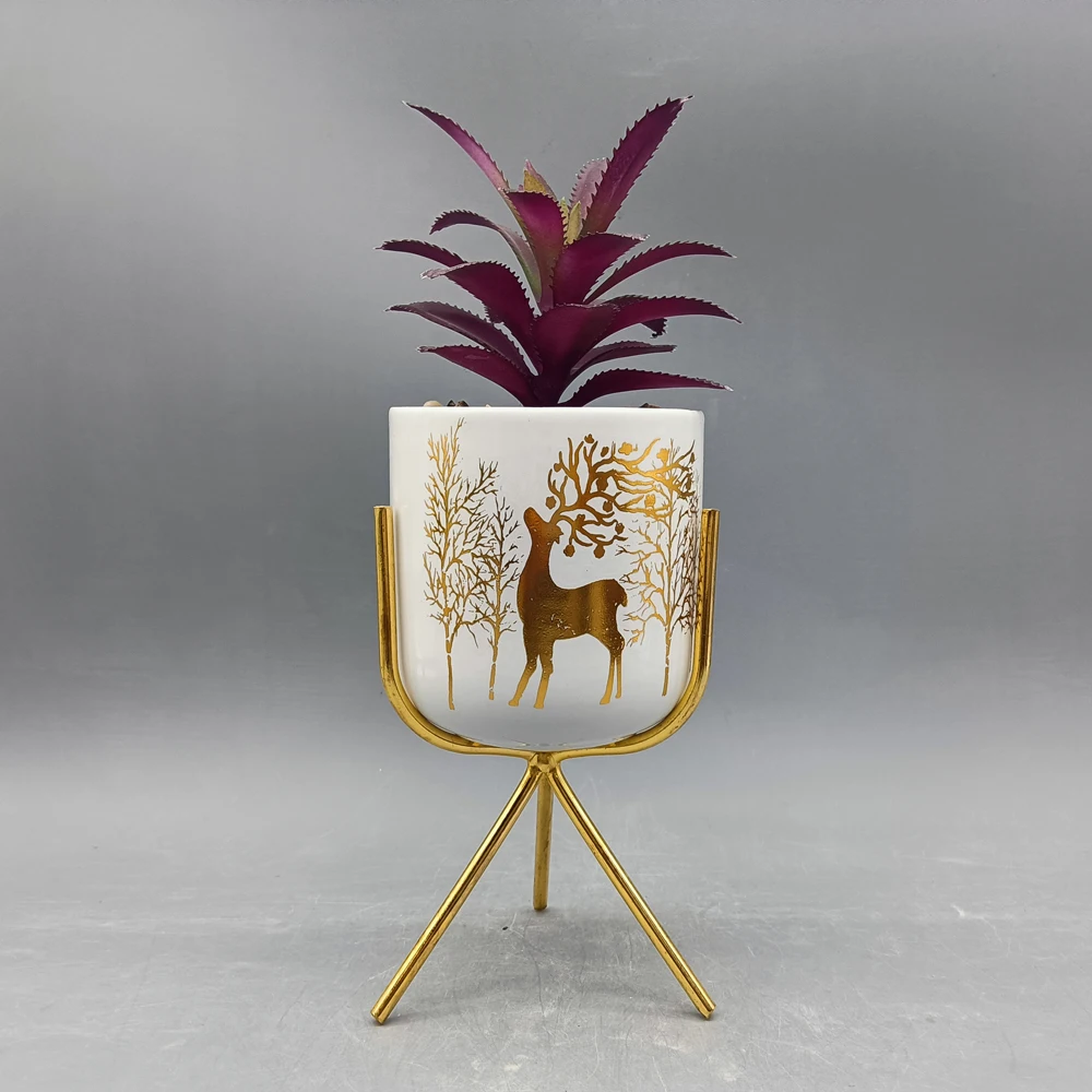 Wholesale Home Office Garden Balcony Modern Animal Marble Pattern Succulents Plants Ceramic Flower Plant Pot With Metal Stand