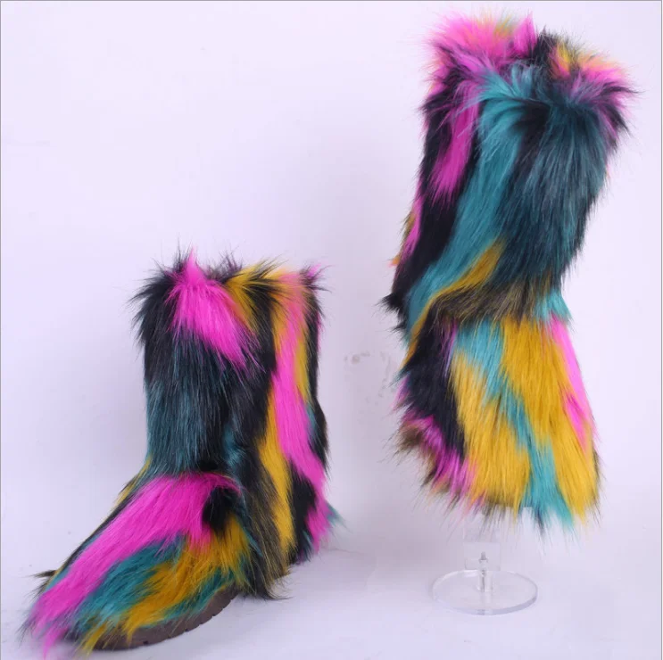 Оптовая продажа с фабрики, зимняя теплая Нескользящая уличная женская обувь, красочные плюшевые зимние сапоги из искусственного лисьего меха для девочек