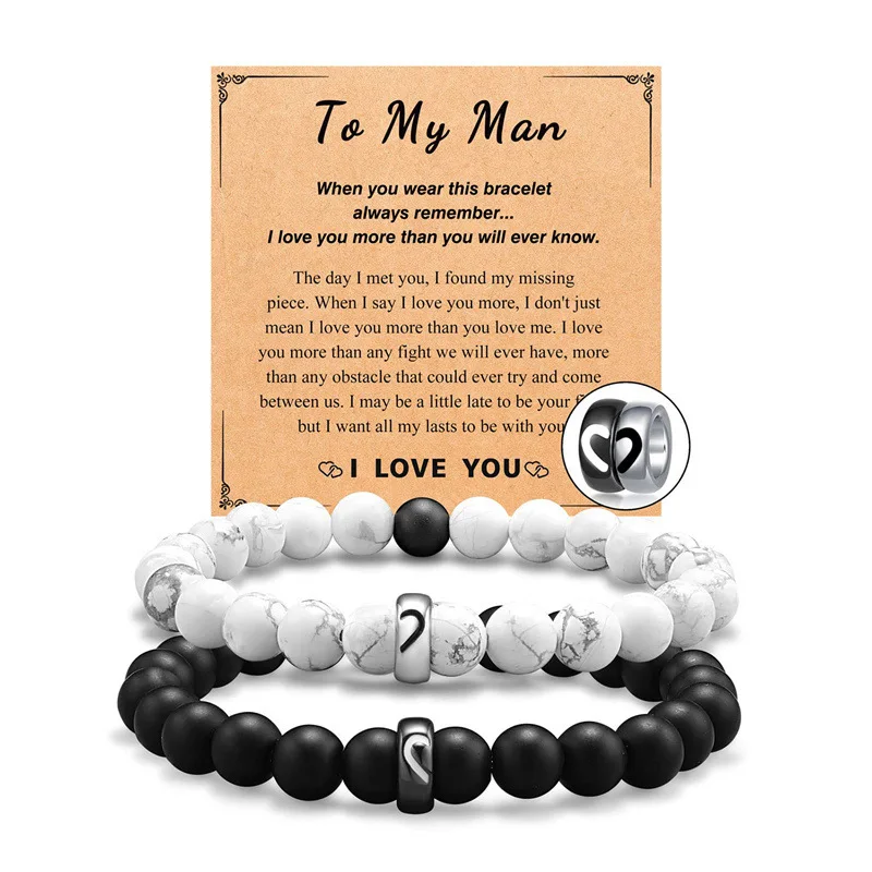 2PC/Card Stainless Steel Heart Couple Bracelets sets Long Distance Black Matt Agate & White Howlite Energy Beads Stone Bracelet
