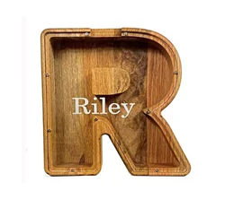 Custom Personalised Wooden Acrylic Funny Alphabet Letter Shaped Piggy Bank Money Saving Storage Box for Kids