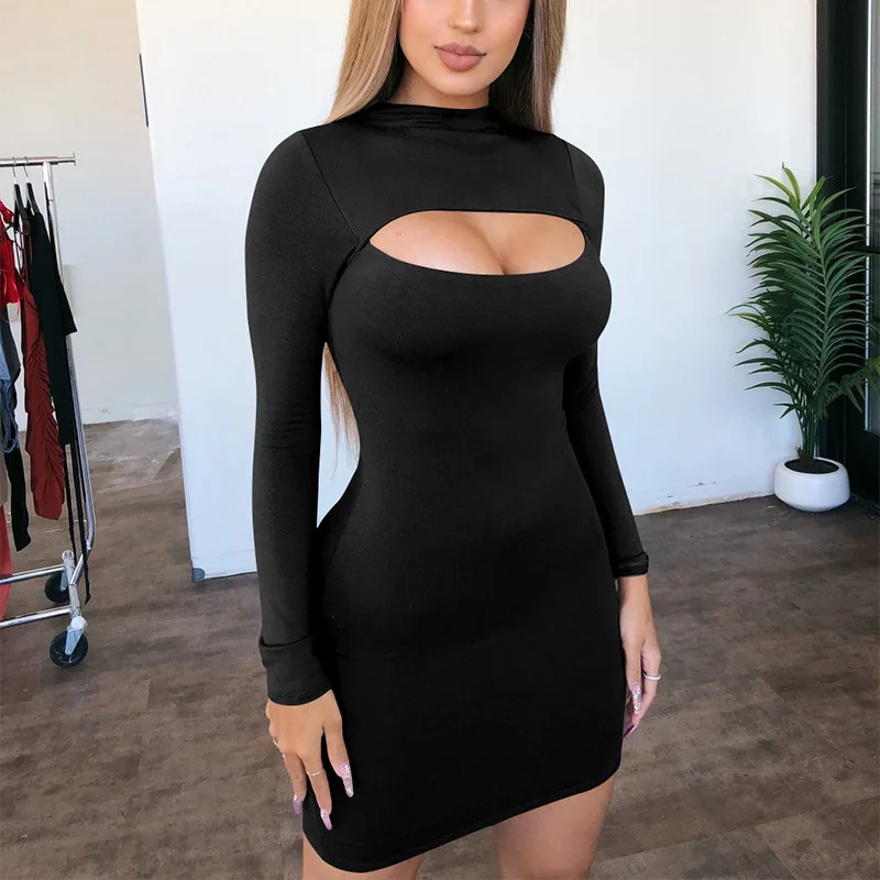 2022 vestido de mulher Hollow Out Summer Solid Colors Long Sleeve Bandage Party Club Wear Women Bodycon Mini casual Dresses