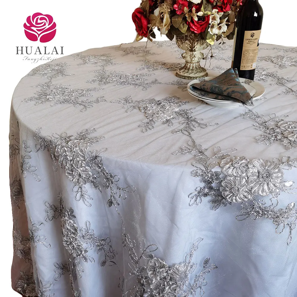 white african crochet lace fabric silver embroidered linen tablecloths table overlay cloth for wedding