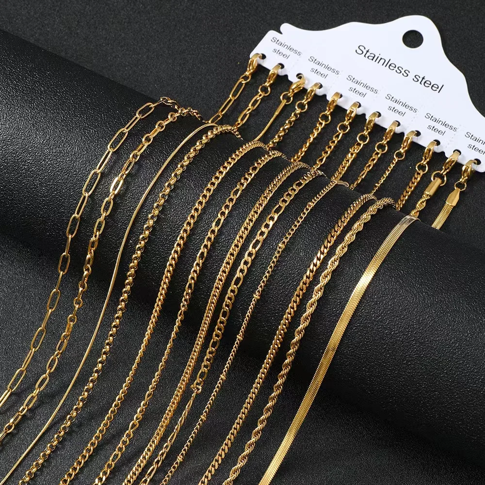 12pcs set Wholesale Stainless Steel Chain 18K Gold Plated Chain Hip Hop Jewelry Miami Cuban Curb Chain Herringbone Link