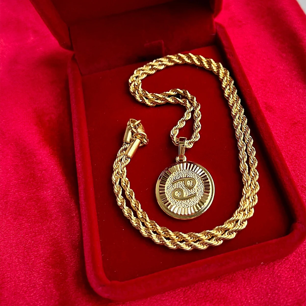 Unisex 18K Gold Plated Stainless Steel Rope Chain Cuban Link Chain Zodiac Pendant Necklace  For Birthdays Gift