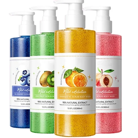 Private Label Skin Whitening Bodywash Organic Fruit Orange Blueberry Kiwi Peach Body Wash Exfoliating Fruit Scrub Shower Gel