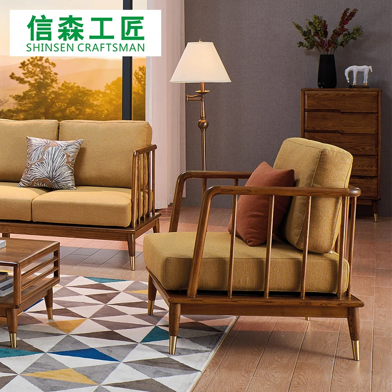 Simple Natural Ash Solid Wooden Frame Armchair Back Cushions Living Room Chairs