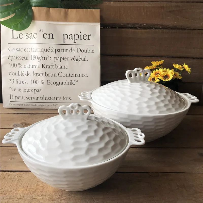 latest design ceramic embossed soup tureen bowls with two handle
