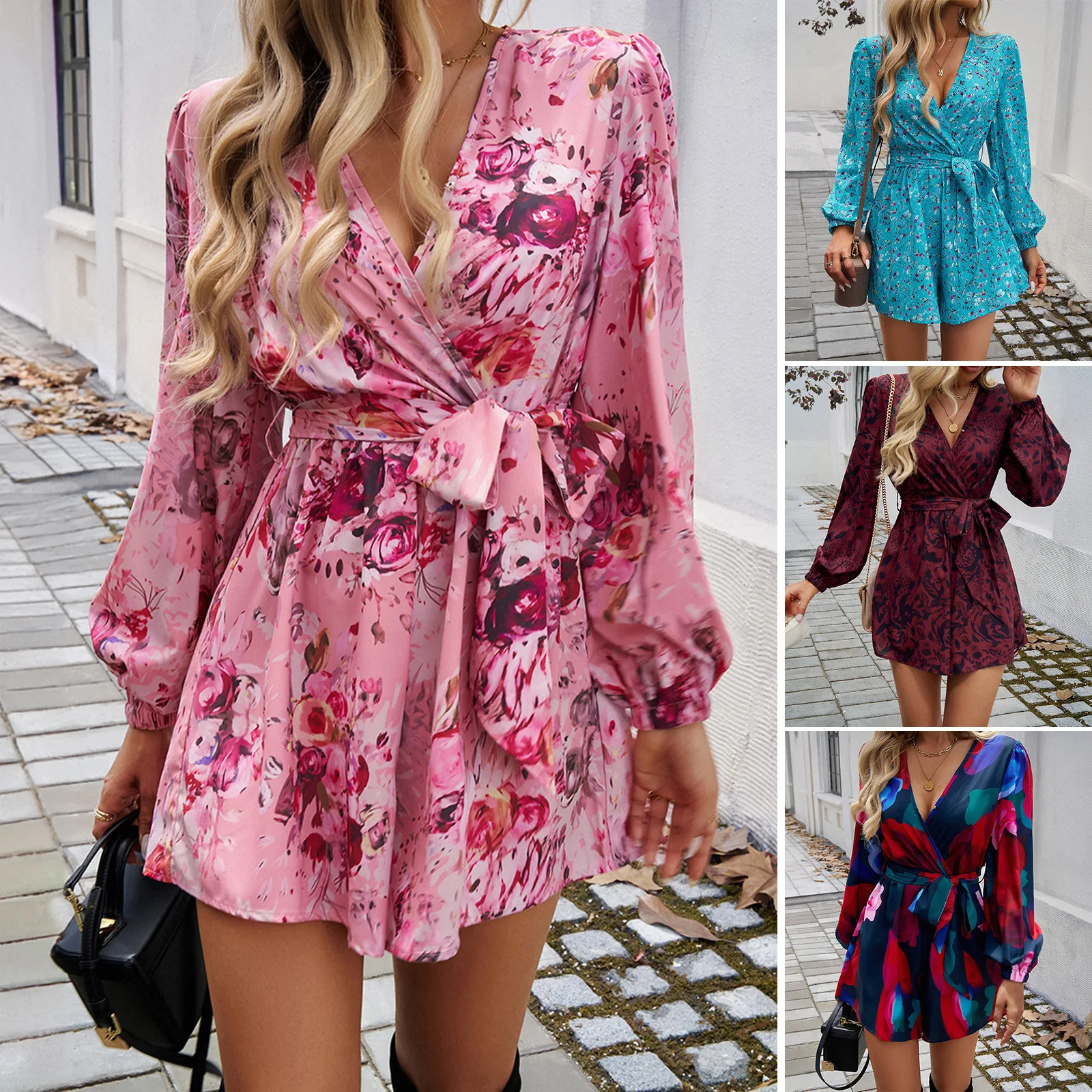 Custom & Ready Stock Wholesale Elegant Contrasting Printed Long Sleeved High Waisted Dresses