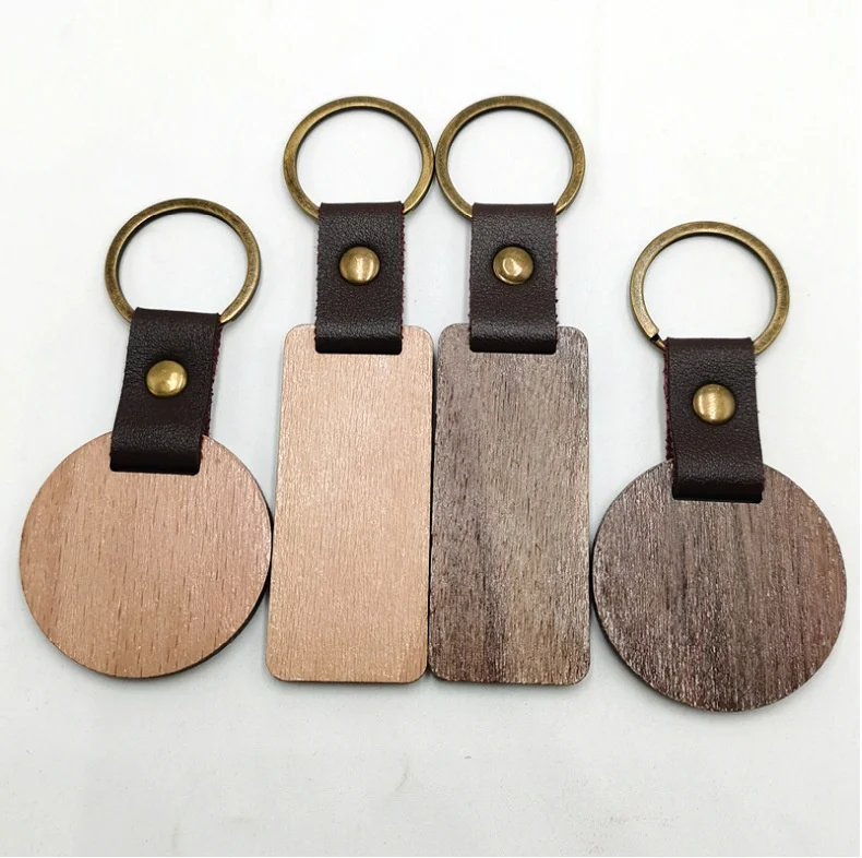 Custom Unfinished Wholesale Pendant Keychain Blank Beech Wooden Rectangle Heart Square Round Oval Plain Folk Art Wooden Keyring