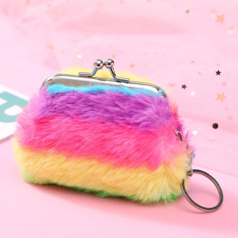 Rainbow Soft  Plush Coin Mini Bag Colorful Fuzzy Fluffy Cute Coin Purse With Keyring