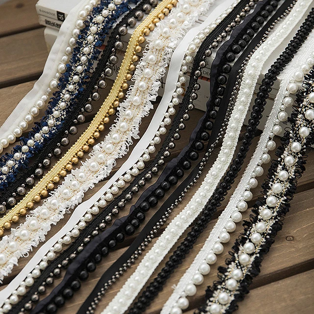 wholesale good quality 1.2cm Width  Knitting Wool Pearl Beaded Lace Trim Edge Ribbon Fabric Sewing