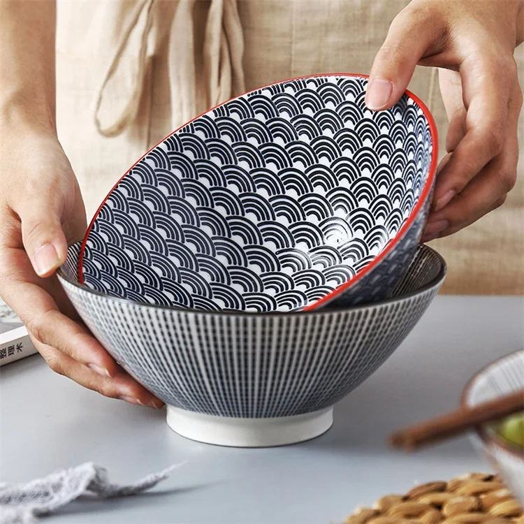 New design 7 inch bamboo hat Bowl Japanese style ramen bowl Large ceramic underglaze color home noodle bowl