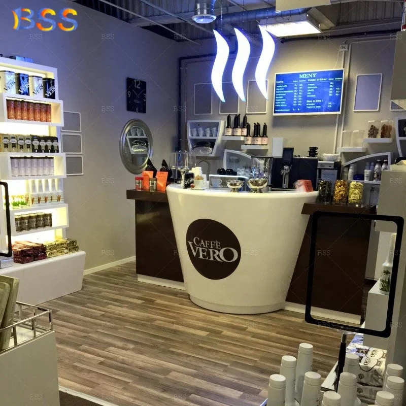 Counter Coffee Design Tailored Made Art Deco Latest Contemporary Luxury Italy Style Corian Acrylic Modern Coffee Shop Counter
