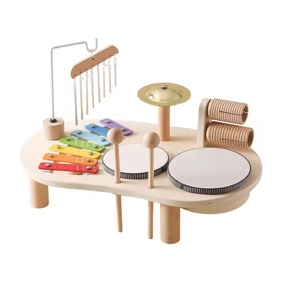 Toddlers Montessori wooden musical instruments drum play set multifunction percussion instruments musical toy wood music table