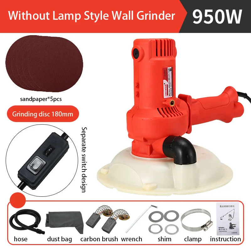 1250W Portable Dust-Free Wall Sander LED Strip Light DIY Variable Speed 180mm Electric Putty Grinder Sanders Tool Drywall