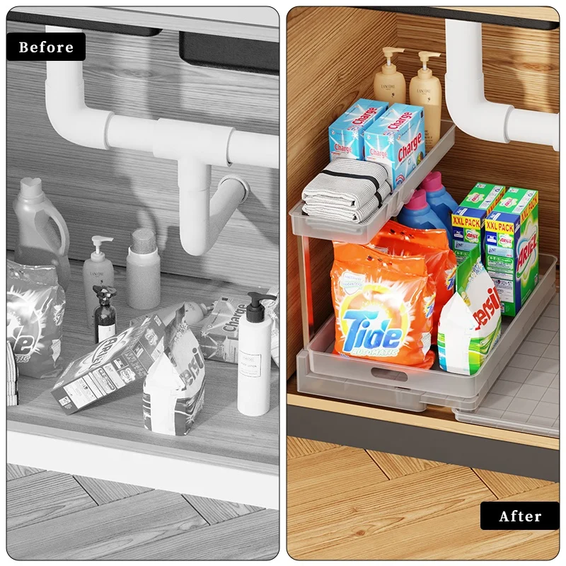 2 Tier Sliding Drawer Shelf  Multi Use for Kitchen Bathroom Home Pull Out Under Cabinet Organizer Storage Under Sink Organizer