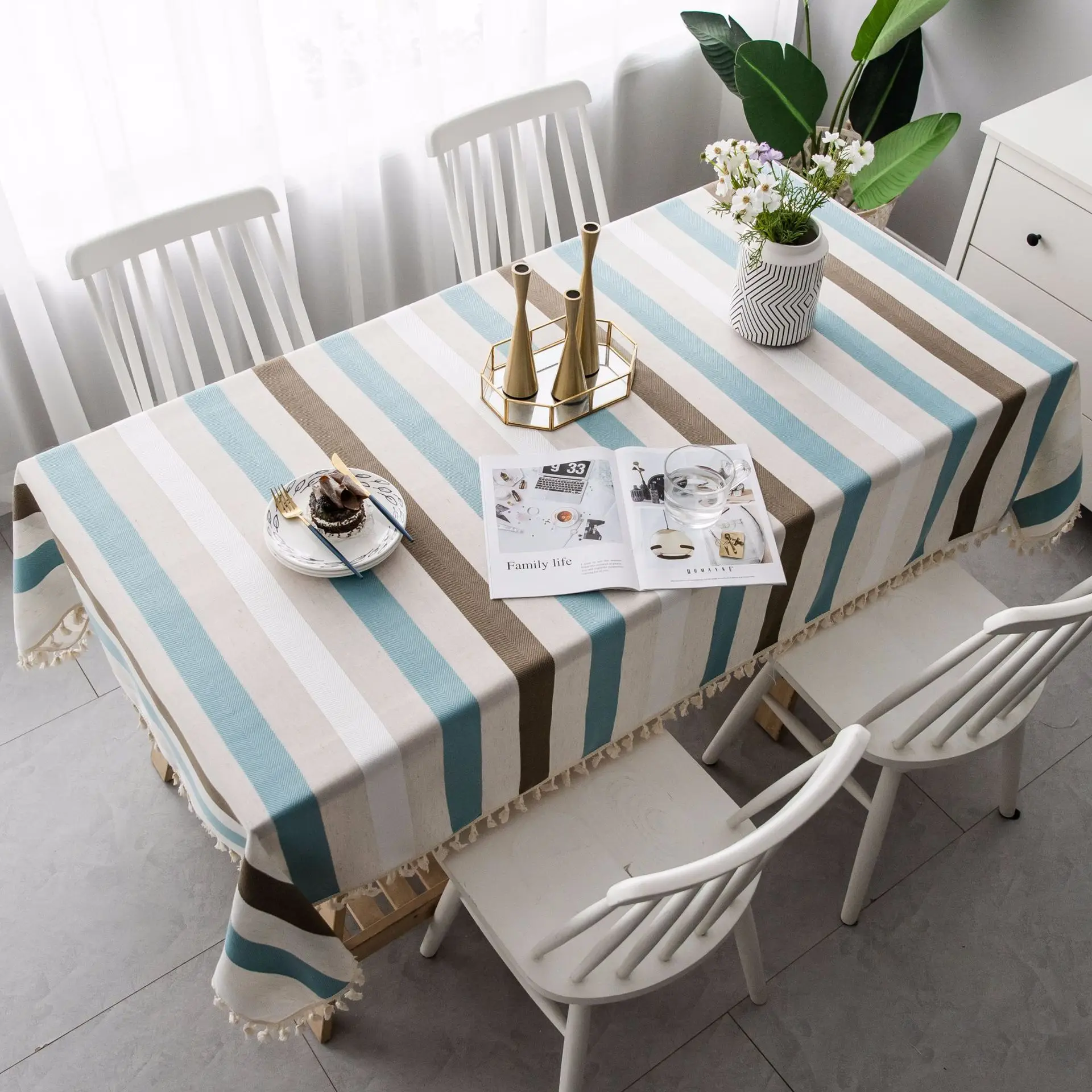 European style stripe tablecloth rectangle tassel stretch cotton linen dinning wedding custom hotel banquet party table cloth