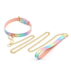 Bdsm Rainbow leather Bondage Sex Collar Traction Rope Chain Leash Adult Game Dog chain punish Neck Collar