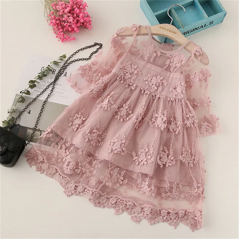 New Fashion princess long sleeve dress solid color plain lace kids dresses for girls 3-8 years old