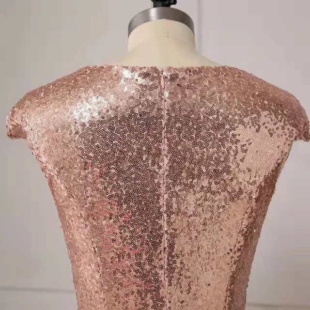 Rose Gold/Green/Burgundy Sequins Slit Evening Party Dresses Plus Size Cap Sleeve Bridesmaid Prom Gowns