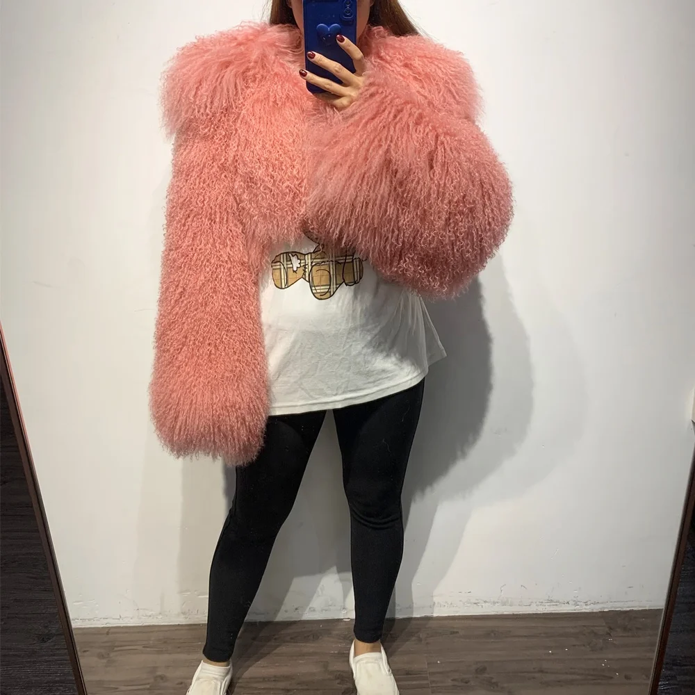 Female Mongolia Sheep Fur Jackets Women Natural Fur Coat Ladies Fur Cropped Jacket Outerwear