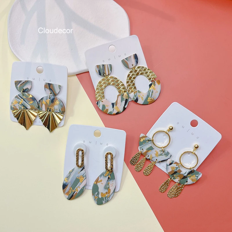 New Designer Metal Dangle Earrings Jewelry Handmade Gold Foil Polymer Clay Drop Earrings For Women Abstract Pattern Clay Earring