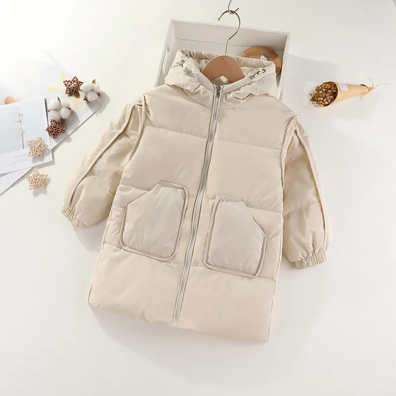 Ins Fashion Winter Autumn Kids Teenagers Jackets Solid Color Zipper Long Down Coats for Boys Girls