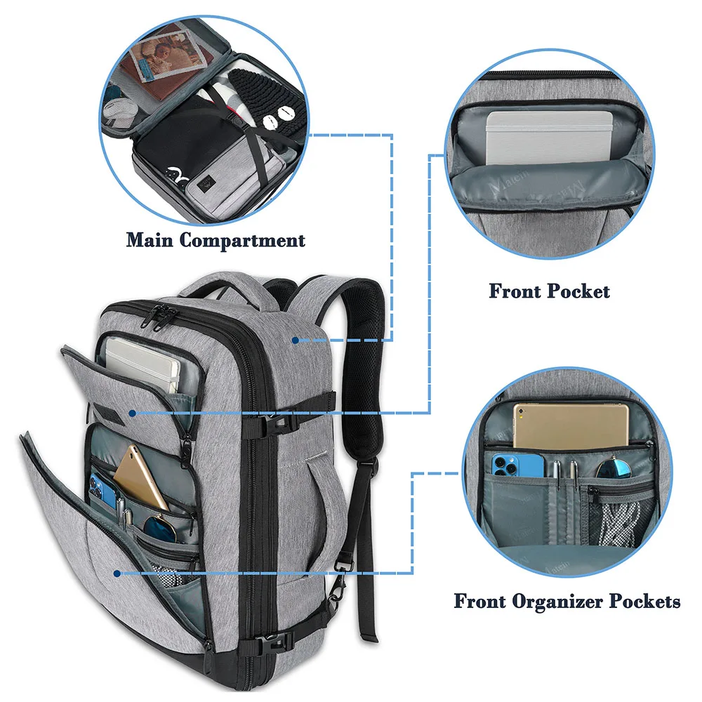 Expandable Waterproof Polyester Traveling Backpack with Toiletry Bag Large Capacity Men Women Travel Bagpack