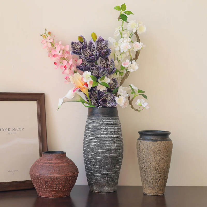 Cheap Oriental Farmhouse Coarse Pottery Pot Rustic Vintage Large Floor Flower Vase for Home Decor
