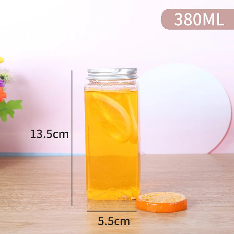 
Wholesale Aluminum Screw Lid Square Shaped Milk Tea Contianer Beverage 500ml Clear Plastic Juicy Bottles Pet 