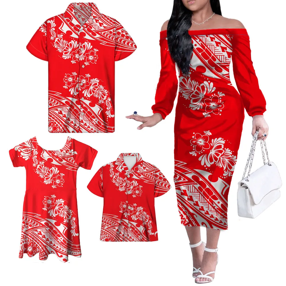 Red Polynesian Family Set 4pcs Set Unique Gifts For MOM Daddy Kids Polyester Off Shoulder Long Dress Little Girl Skrits Set