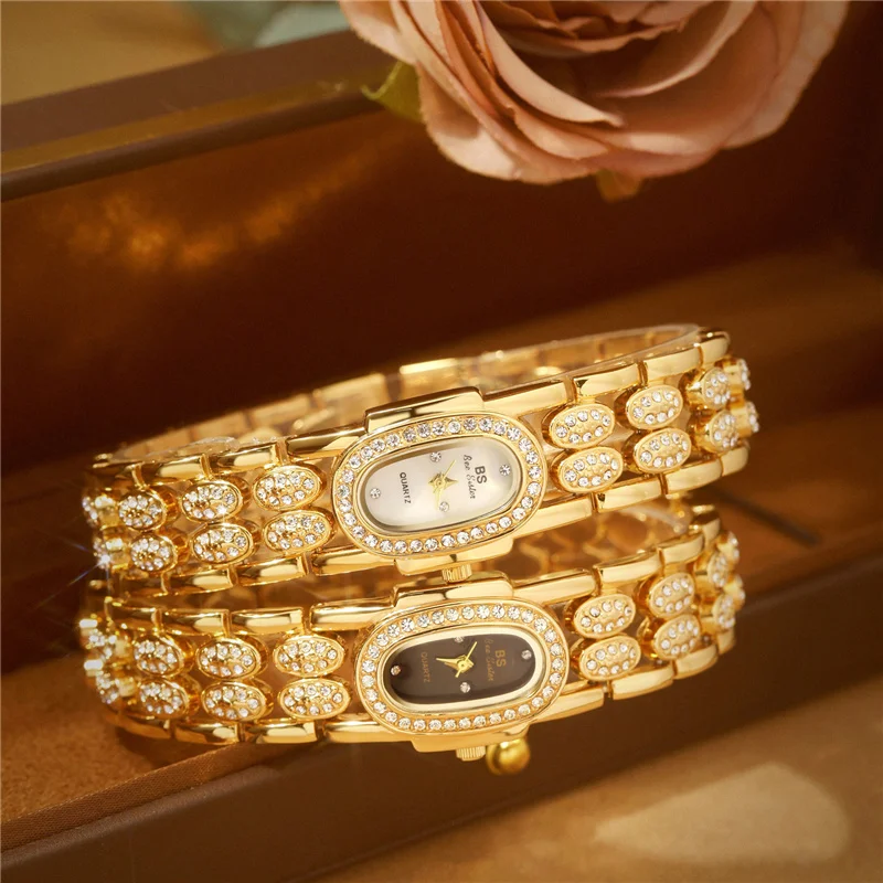 2024 Luxury Gold Plated  Hand Jewelry Alloy Zircon Quartz Watch For Ladies Woman 