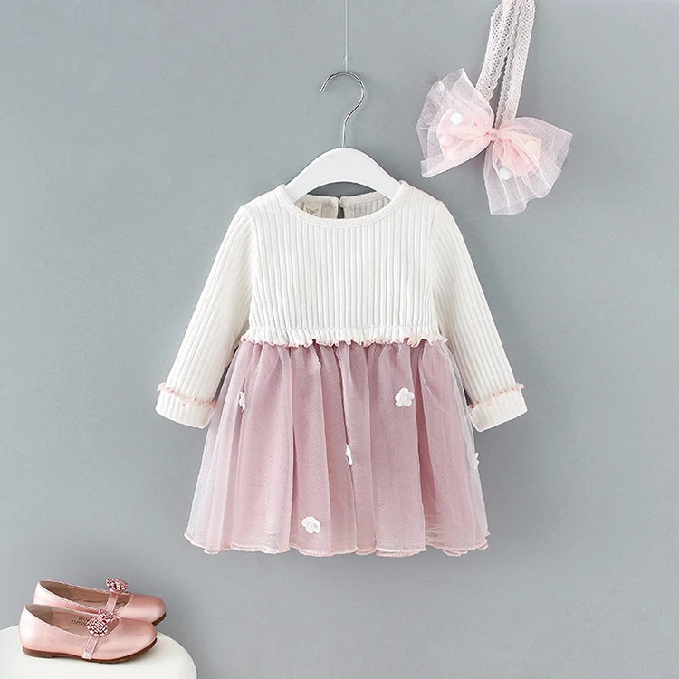 Boutique baby girl dress knitted top and gauzy skirt baby dress for Spring