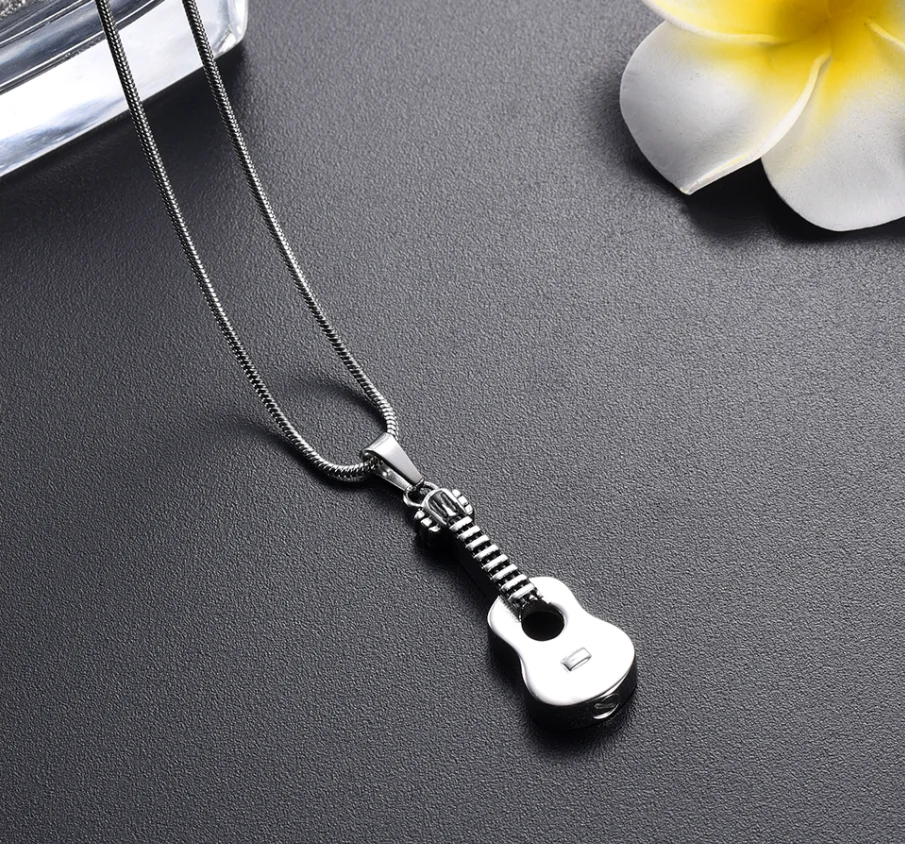 Stainless Steel Guitar Cremation Ashes Locket Musical Instrument Keepsake Pendant Necklace For Men Memorial Ashes Urn Jewelry