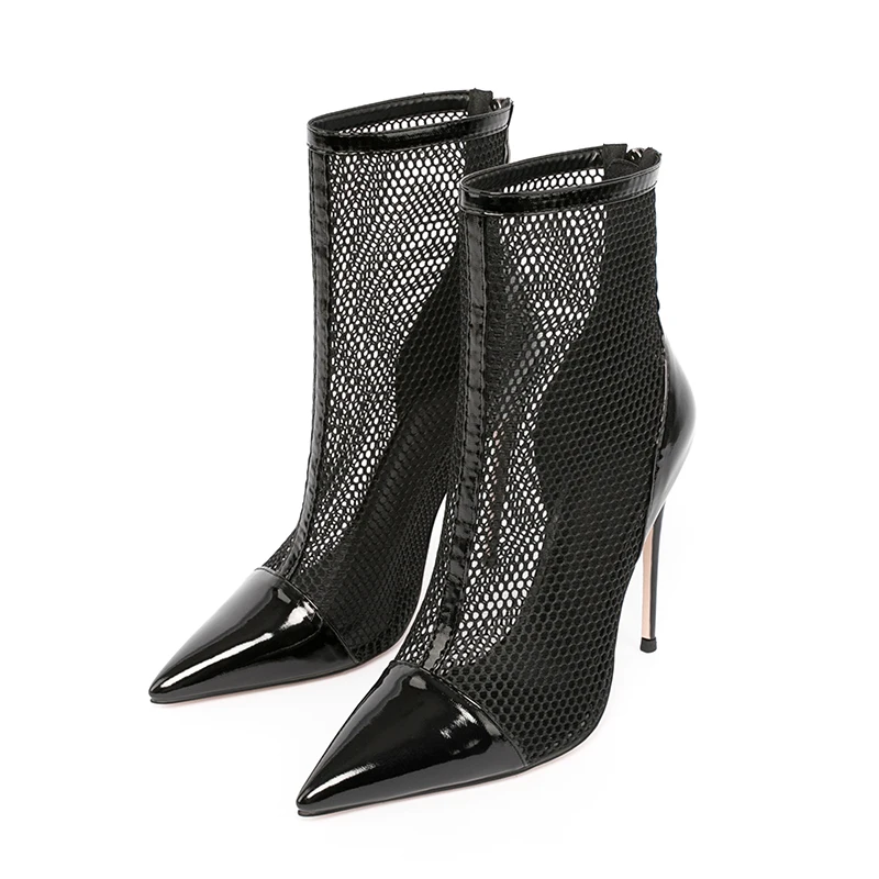 WETKISS Custom Back Zipper Pointed Toe Ankle Boots Stiletto Booties Black Mesh Summer Boots for Women Ladies