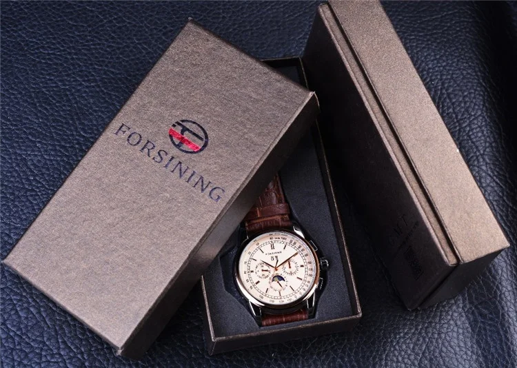 Forsining Moon Phase Shanghai Movement Rose Gold Case Brown Leather Strap Men Watch Top Brand Luxury Automatic Self Wind Watch