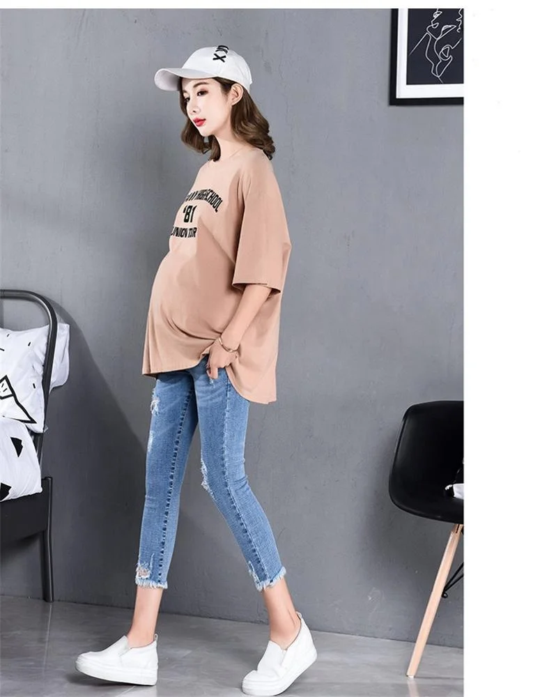
7/10 Length Summer Autumn Fashion Maternity Jeans High Waist Belly Skinny Pencil Pants Clothes for Women Pregnancy 
