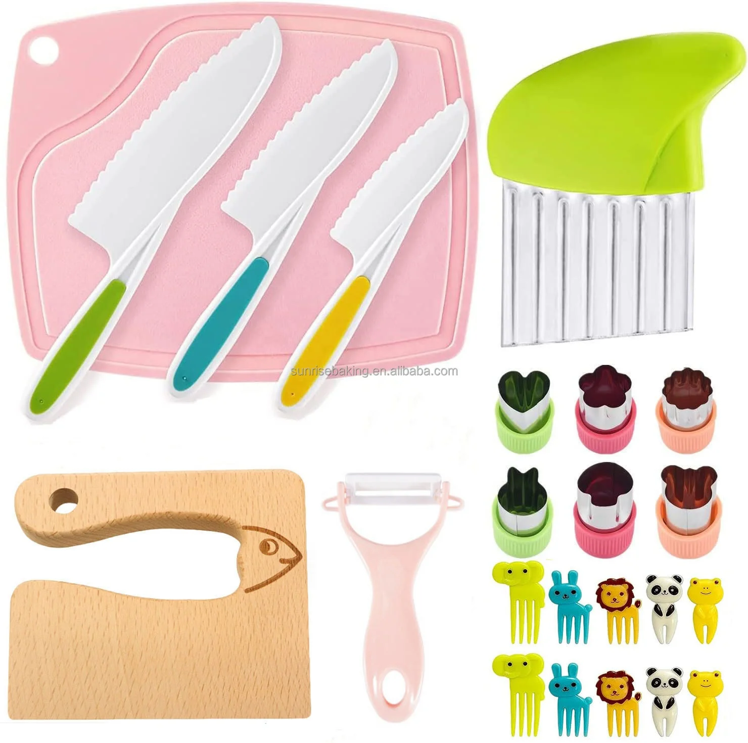 23Pcs Wholesale Safety Plastic Toddler Fruit Vegetable Kitchen Knives Set With Cutting Board Potato Cutter