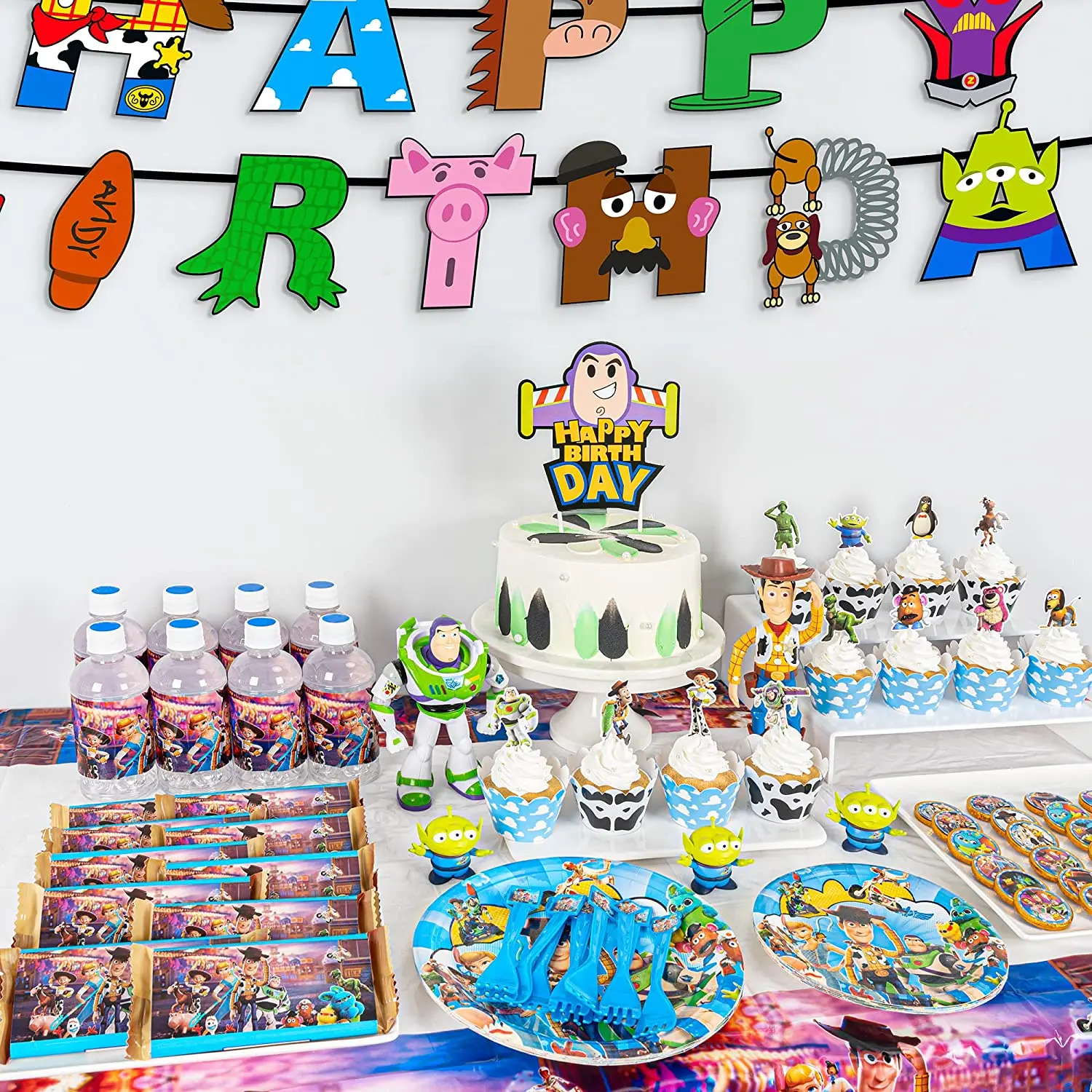 82 Pcs Party Favors Banner Cake Topper Plates Cutlery Foil Balloon for Kids Themed Party Toy Story Birthday Decorations