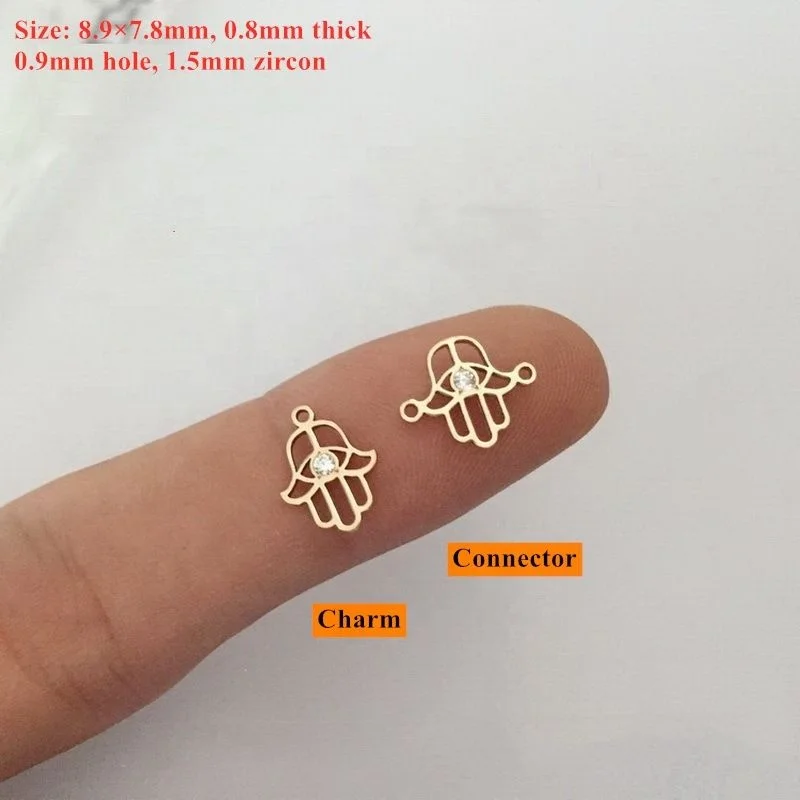 GP Hour Second hand Eye Shape Hamasa Hands CZ Stone Charms Connector 20ga Thick Wholesale 1/20 14K Yellow GF