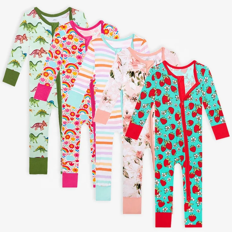 Custom winter Solid Bamboo Two Way Zipper Baby  long sleeve Romper Footie clothes newborn baby clothes baby pajamas