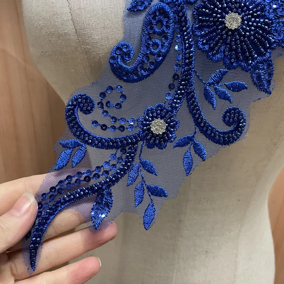 Royal Blue Lace Applique Embroidery Lace Patch with Beads Sequin for Bridal Couture Dress Veil Embellishment Craft
