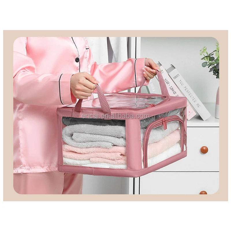 Clothes Storage Bins with Metal Frame Stackable Storage Box Foldable with Lids Storage Bags Fabric Box Organizer Clear Window