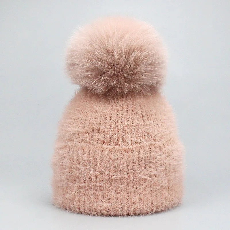 2024 Hot Selling Fashionable New Knitwear Manufacture Custom Logo Fluffy Winter Warm Knit Faux Fur pom pom cuff Beanie Hats