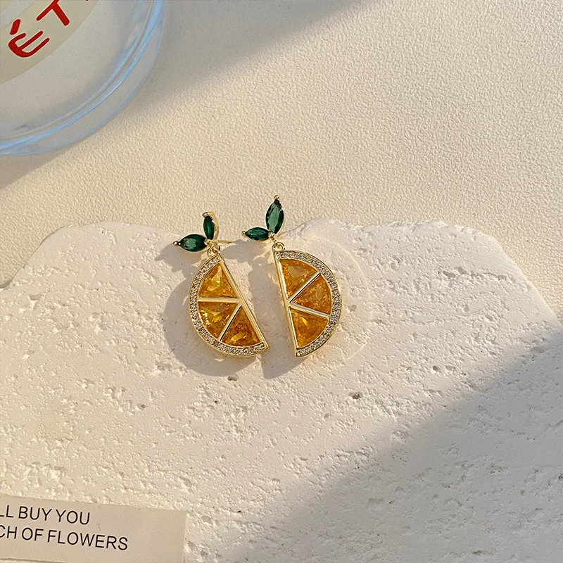 Hot Sale Fashion 925 Silver Needle Yellow Zircon Pave Fruit Lemon Stud Earrings For Summer
