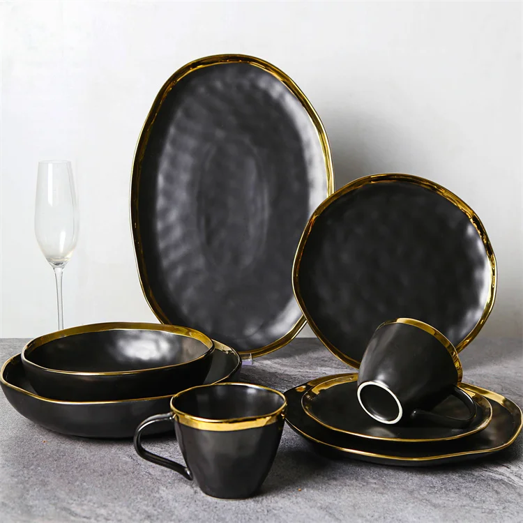 Wholesale custom modern european style matte black luxury dinner set ceramic dinnerware with gold rim