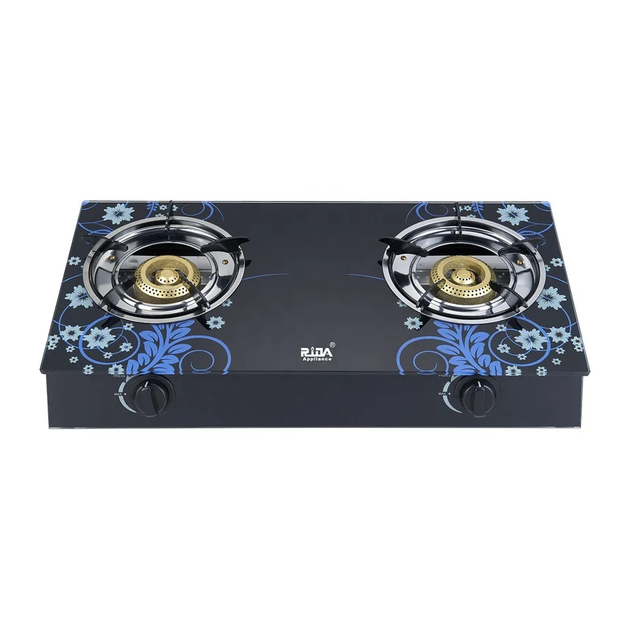 
Hot sale blue printing glass top 2 double black burner liners desktop beautiful gas stove 
