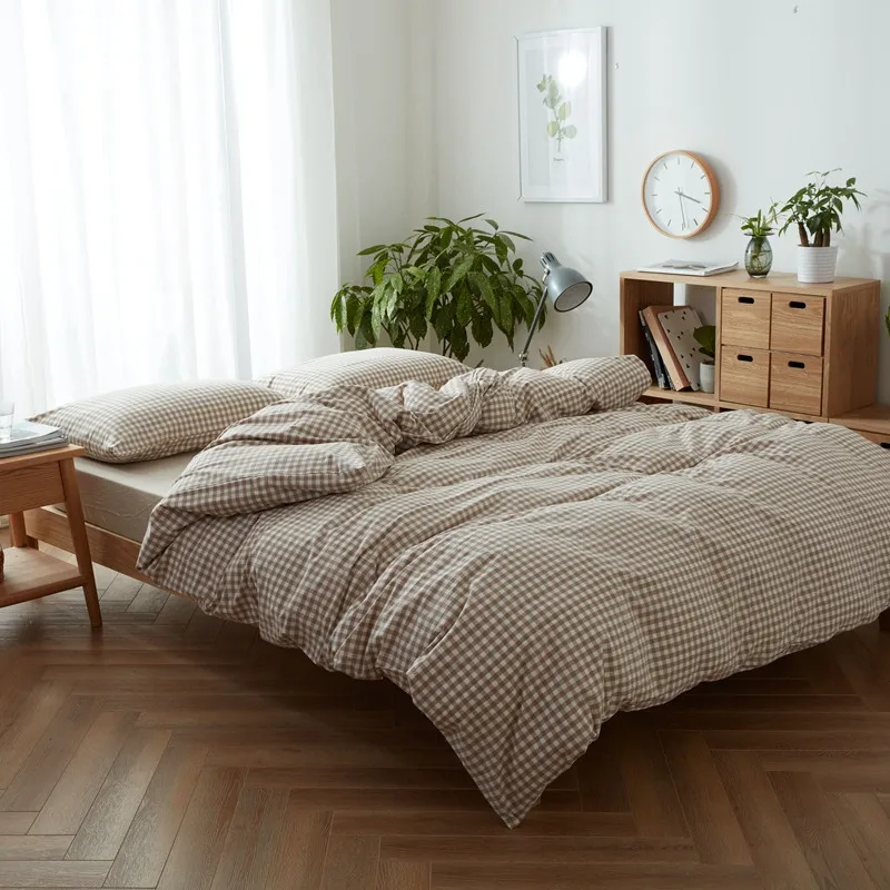 Queen Size 4 Pieces Plaid Yarn Dyed 100% Washed Cotton Bedroom Comforter Cover Set Bedding Set