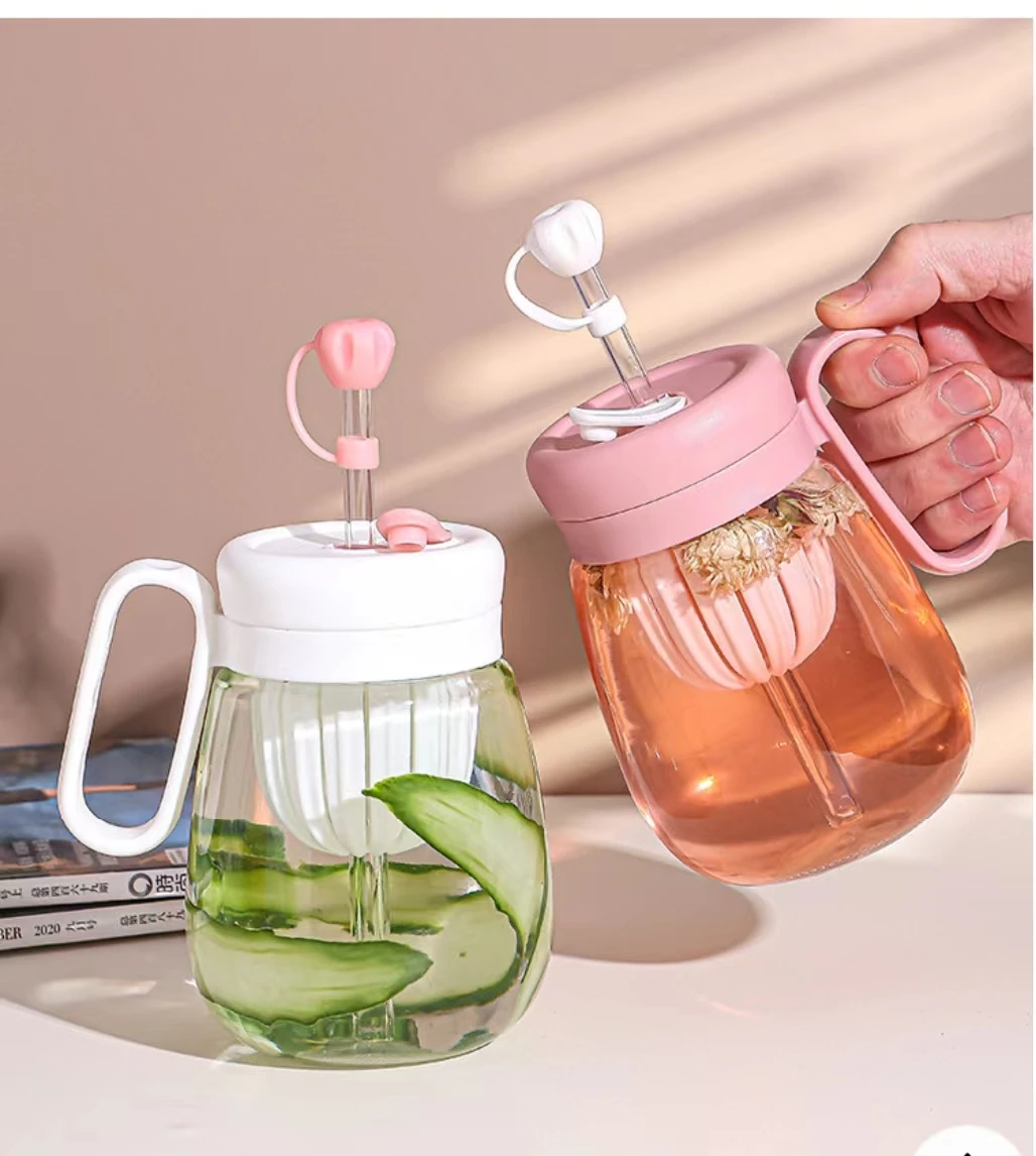 Stripe Glass Cup Transparent Glasses With Lid and Straw Ice Coffee Mug Tea Cup Juice Glass Milk Water Flower Cups Drinkware